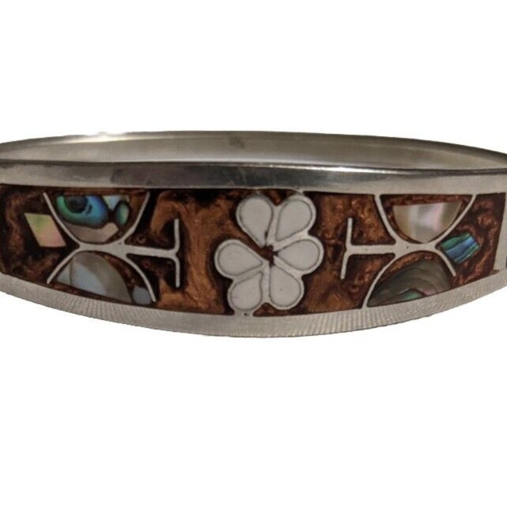 Rich Brown Enamel Alpaca Silver Hinged Bracelet, Butterfly and Flowers